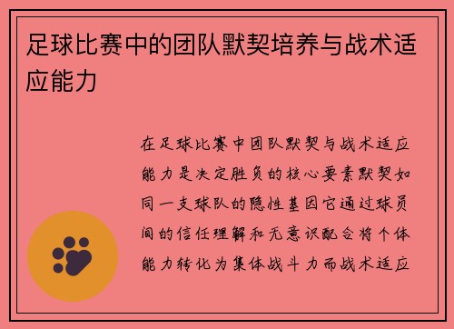 足球比赛中的团队默契培养与战术适应能力
