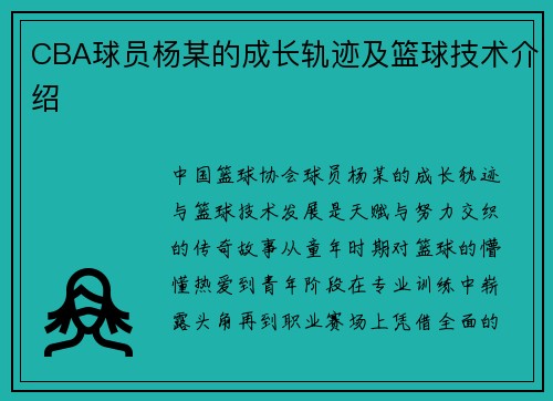CBA球员杨某的成长轨迹及篮球技术介绍